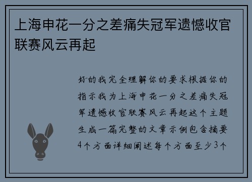 上海申花一分之差痛失冠军遗憾收官联赛风云再起